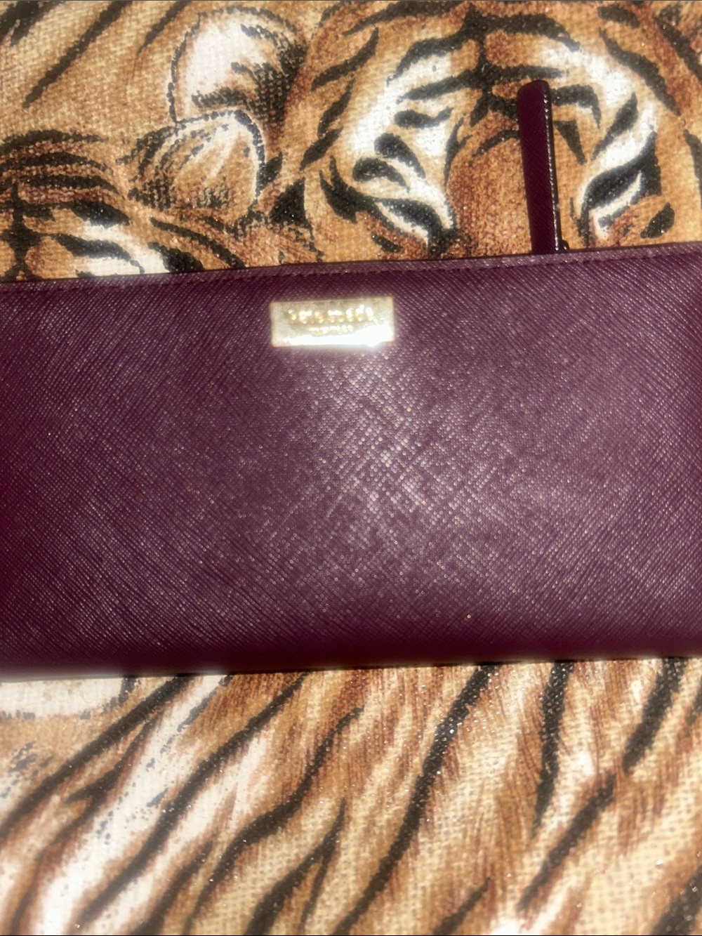 kate spade Burgundy Saffiano Zip Wallet with Gold Logo